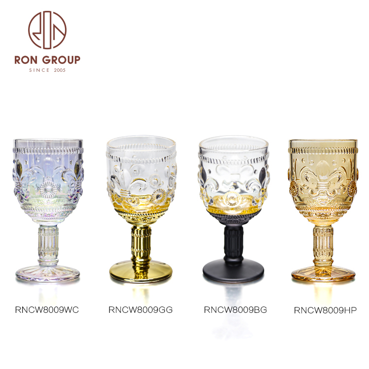 Colored wedding vintage glassware thick cheap champagne flutes embossed wine glass goblet