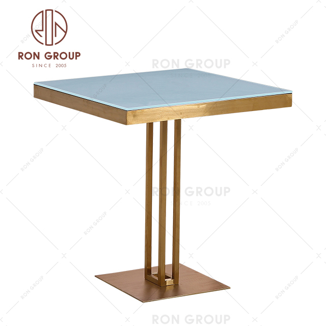 Modern T shape dining table with gold metal legs luxury glass top 