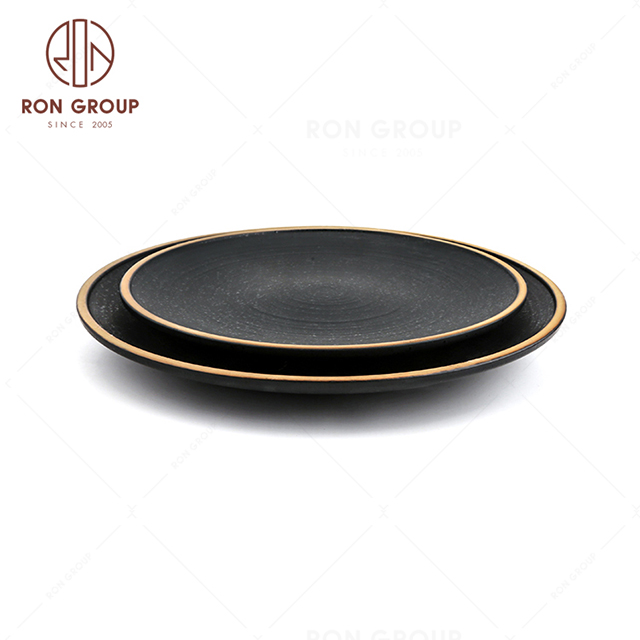 Wholesale Direct Factory Matte Shiny Gold Edge Black Porcelain Dinner Plate