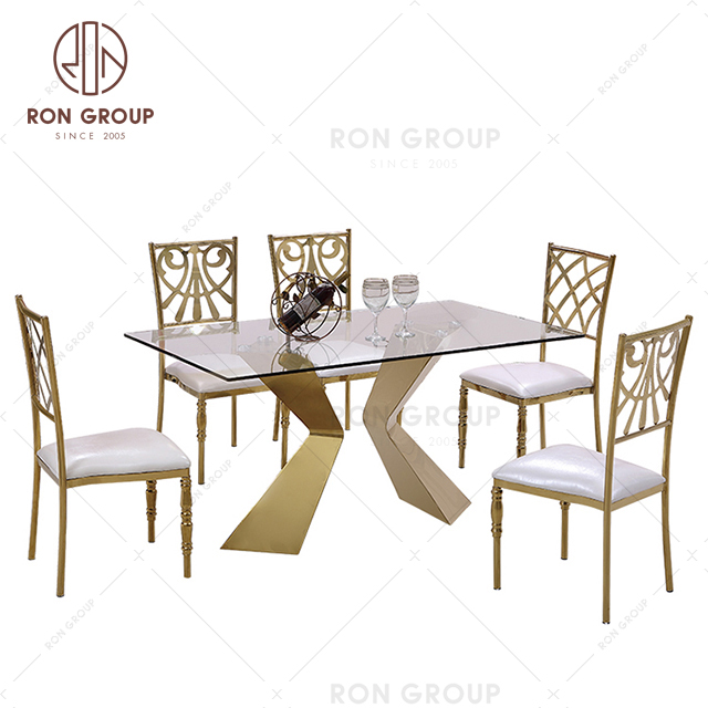 New design mirror glass top gold stainless steel dining table wedding