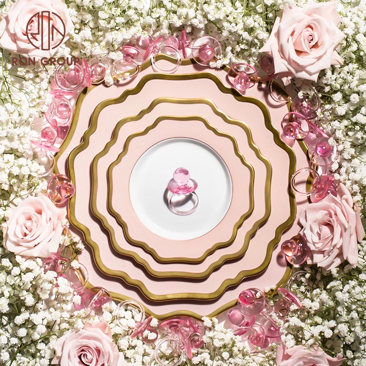 Wholesale Cheap Wedding Charger Plate Ceramic Pink Plate Charger With Gold Rim