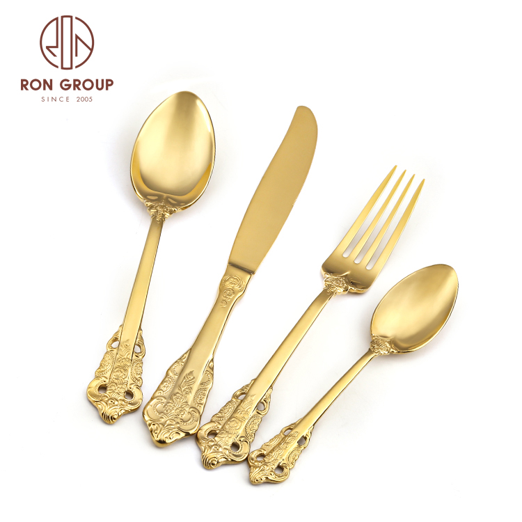 Baroque Style Stainless Steel Gold Knife And Fork Set Wedding Elegant Hotel Luxury Cutlery Set