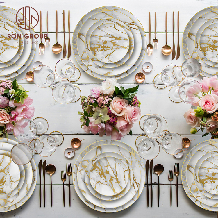 wholesale china gold rim porcelain dinner plates set for wedding party events table decoration