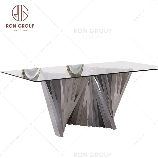 Luxury Stainless Steel Wedding Silver Rectangle Glass Mirror Top Dining Table For Party