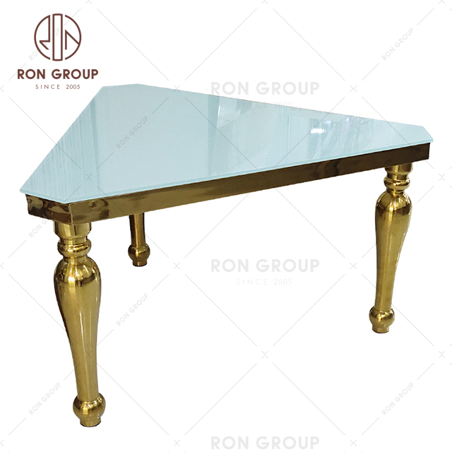 Customized Gold Wedding Stainless Steel Base With Triangle Glass Top Cake Table For Event