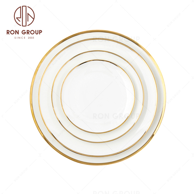 Wholesale 10 inch bone china ceramic plates white with gold rim for restaurant and wedding