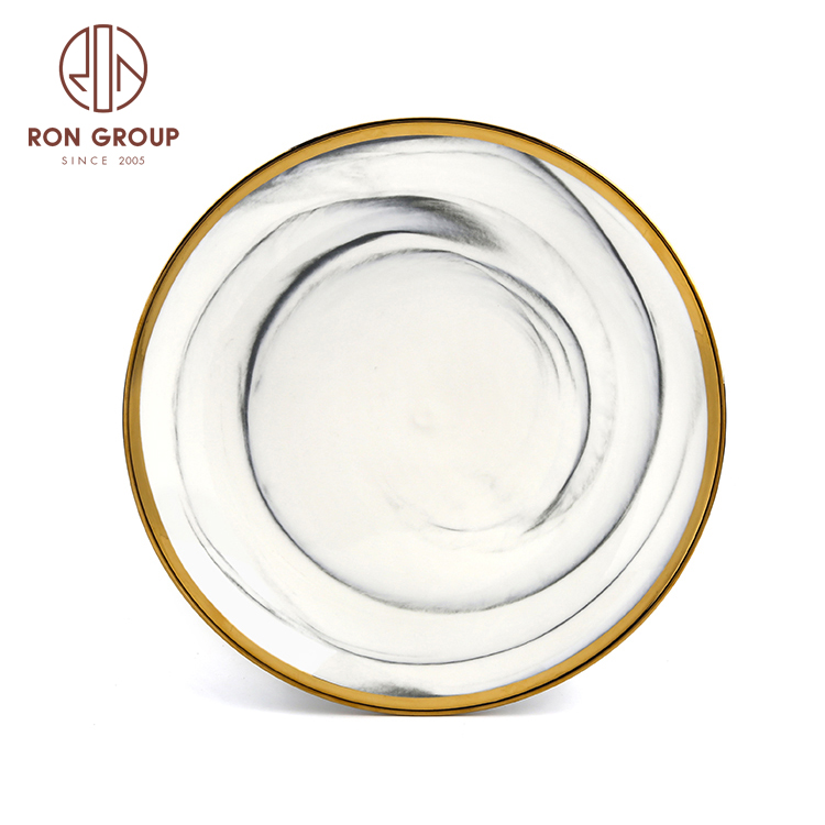 Marble pattern ceramic plate with real gold rim wholesale wedding party dishes set