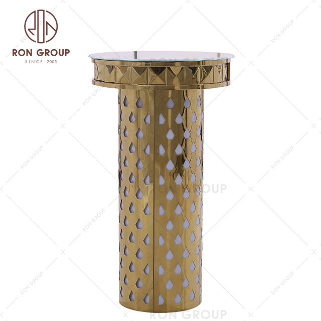 Hot sale golden round LED stainless steel base cocktail high bar table