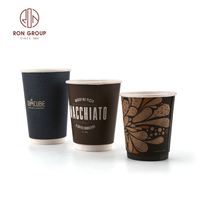 Disposable Custom Logo Printed Double Wall Paper Coffee Cup With Sleeve And Lid