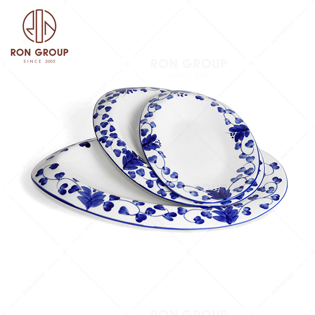 RNPCE132-Hot Sales Rattan Flower Style Restaurant Hotel Bar Cafe Wedding Ceramic Odd Egg Shape Plate