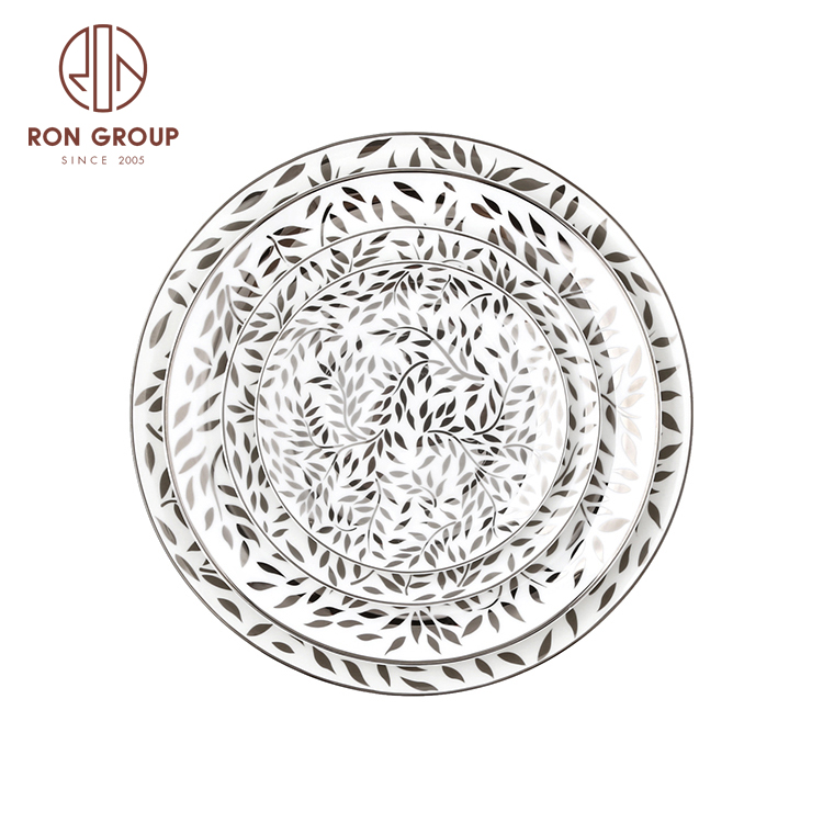 wholesale wedding catering grey leaf design bone china dinner plates