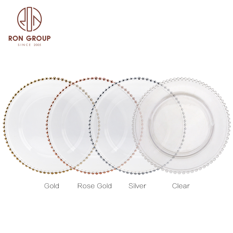 Hot Sale Gold Rim Clear Round Glass Beaded Charger Plates For Party Wedding