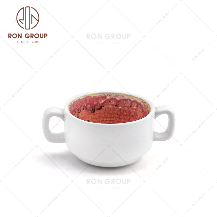 High Quality Restaurant Dining Double Handle Ceramic Soup Cup 