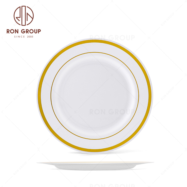 RND22-33  15.2" Gold Disposable Dinnerware Gold Rim Plastic Plates wedding banquet outdoors Plastic Silverware 