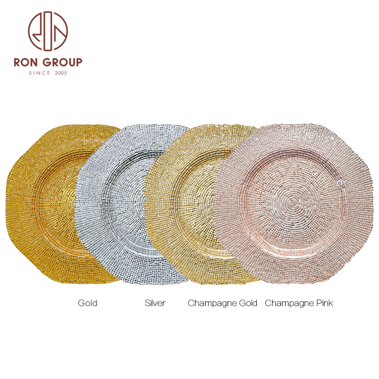 Luxury gold color glass dinner wedding decoration charger plates with custom logo