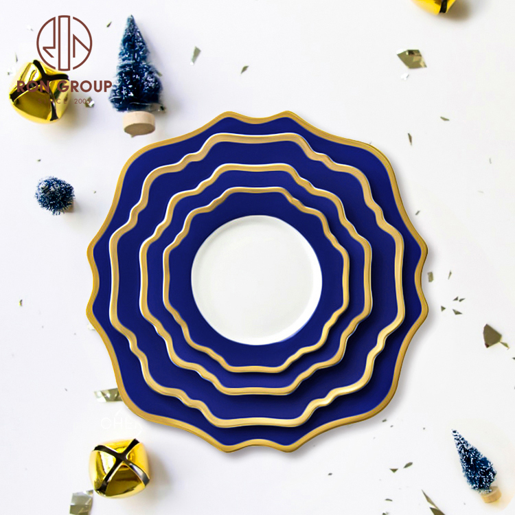 New Customized Flower Shaped High Quality Wedding Navy Blue Gold Rim Charger Plate Wholesale