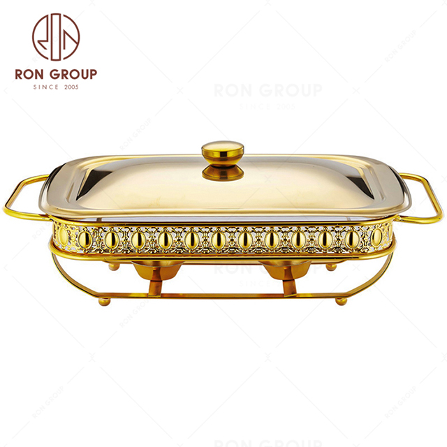 RNBF2205-14 High quality restaurant buffet wedding banquet food serving Rectangular Glass stainless steel gold color Dining Stove