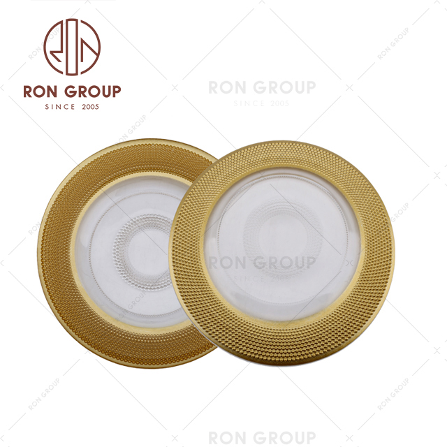 Factory cheap price customized luxury dinner charger gold rim wedding glass plate