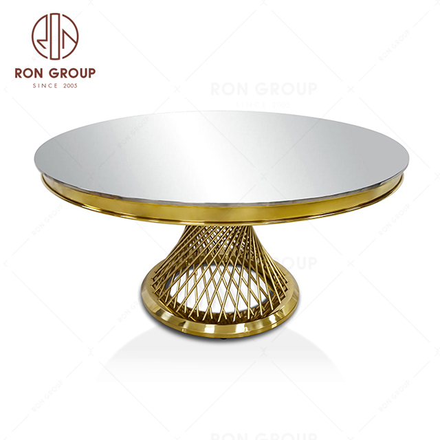 Gold stainless steel wedding event mirror glass or mdf round banquet hall dining table