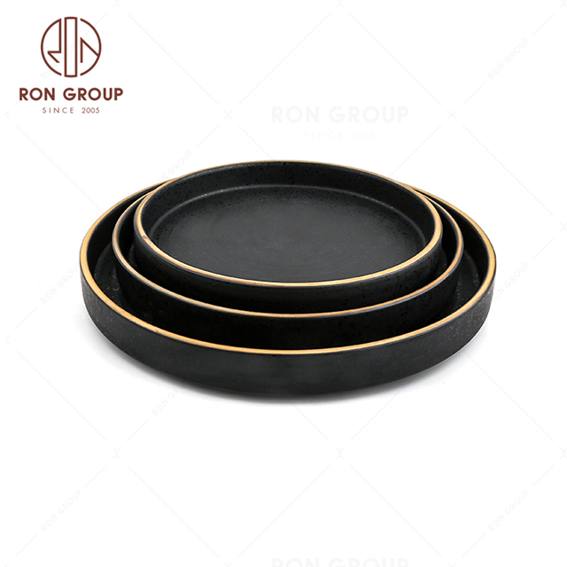 Free Sample Ceramic Porcelain Black Buffet Party Wedding Restaurant Dinner Plate With Gold Rim