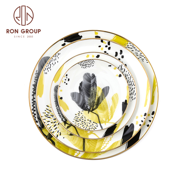 Elegant style 12 inch decorative fine bone china luxury round flat dinner plate for hotel 