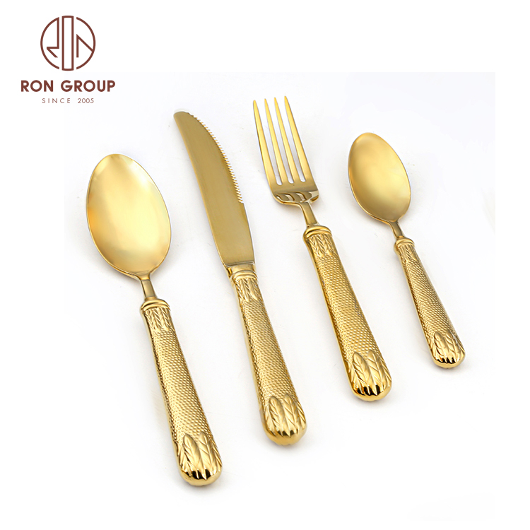 Royal wedding luxury gold plated cutlery set cubiertos stainless steel cutlery titanium matte golden flatware set