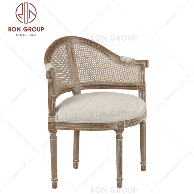 french style white wood rattan back linen seat wedding dining chair