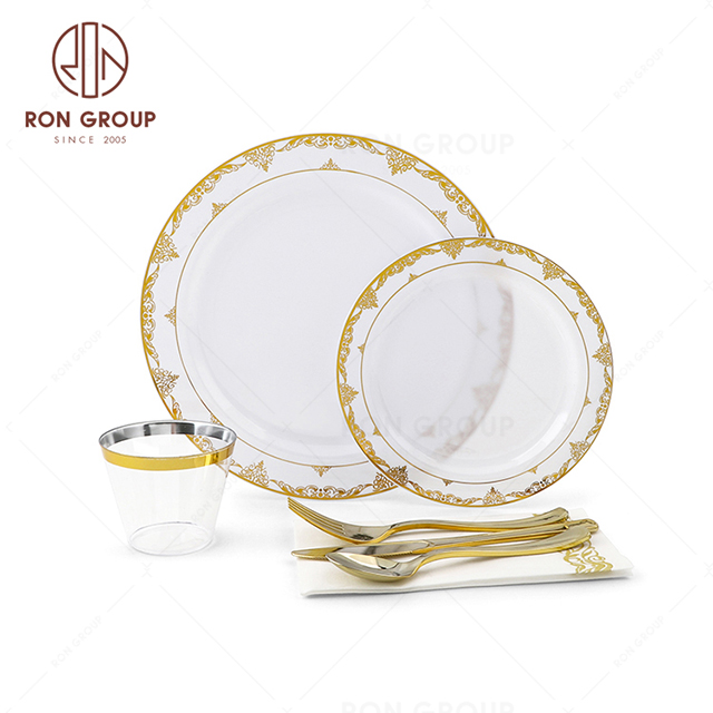 RND22-46S Hot selling Gold Rim Disposable Plastic Dinner Plates Sets for Wedding party