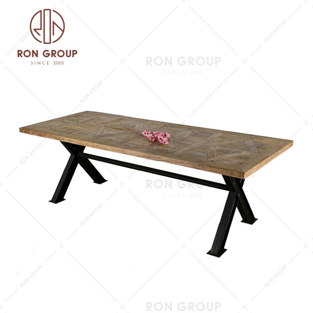 Hot sale custom antique handmade restaurant furniture solid wood iron leg dinner table