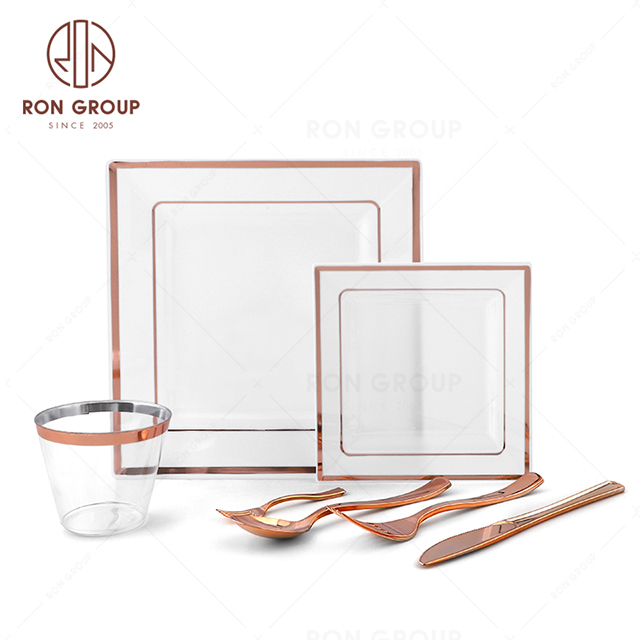 RND22-45S Wholesale Birthday wedding cocktail parties Rosegold Disposable Dinnerware Set Plastic square Plates