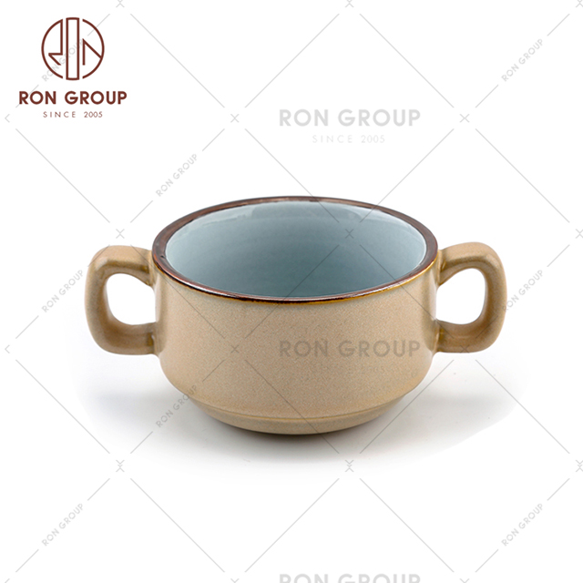 High Quality Restaurant Accessories Fashion Binaural Ceramic Soup Cup with Handle