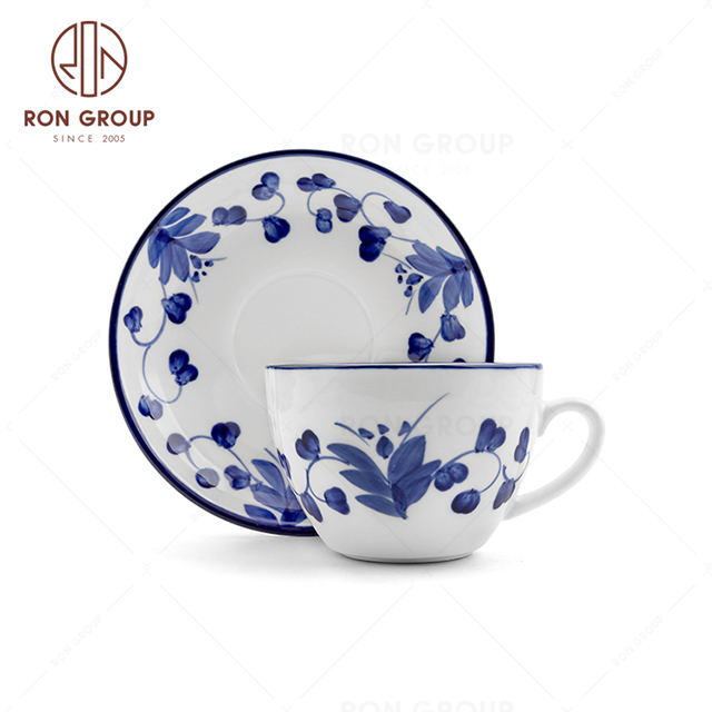 RNPCE140-141-Hot Sales Rattan Flower Style Restaurant Hotel Bar Cafe Wedding Ceramic Coffee Cup&Plate