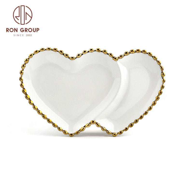 wholesale gold rim ceramic plate heart shape ceramic dessert plate for wedding