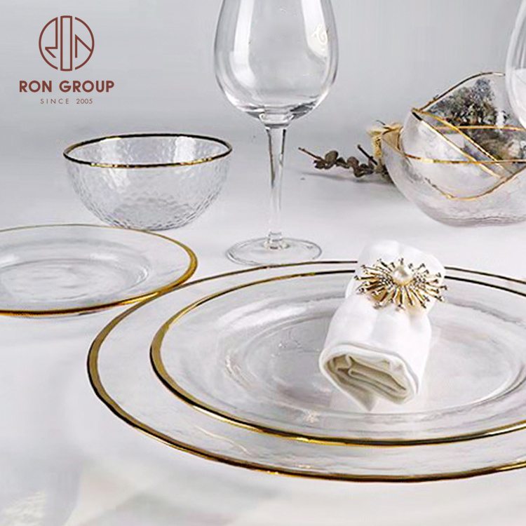 Wedding Event Wholesale Cheap Dinnerware Sets High-end Clear Glass Gold Rim Charger Plate